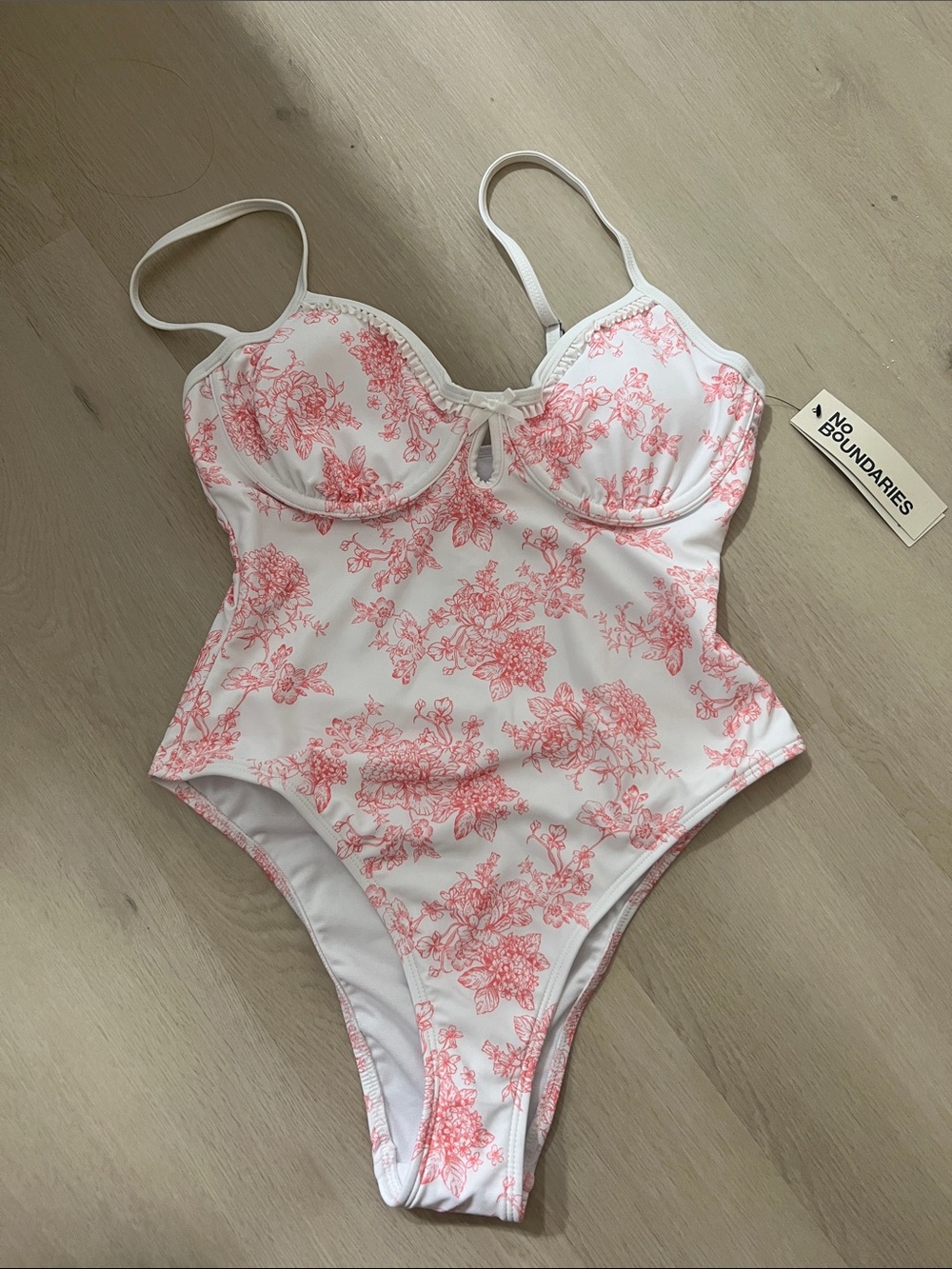 No Boundaries White One-Piece Swimsuit with Pink Floral Print